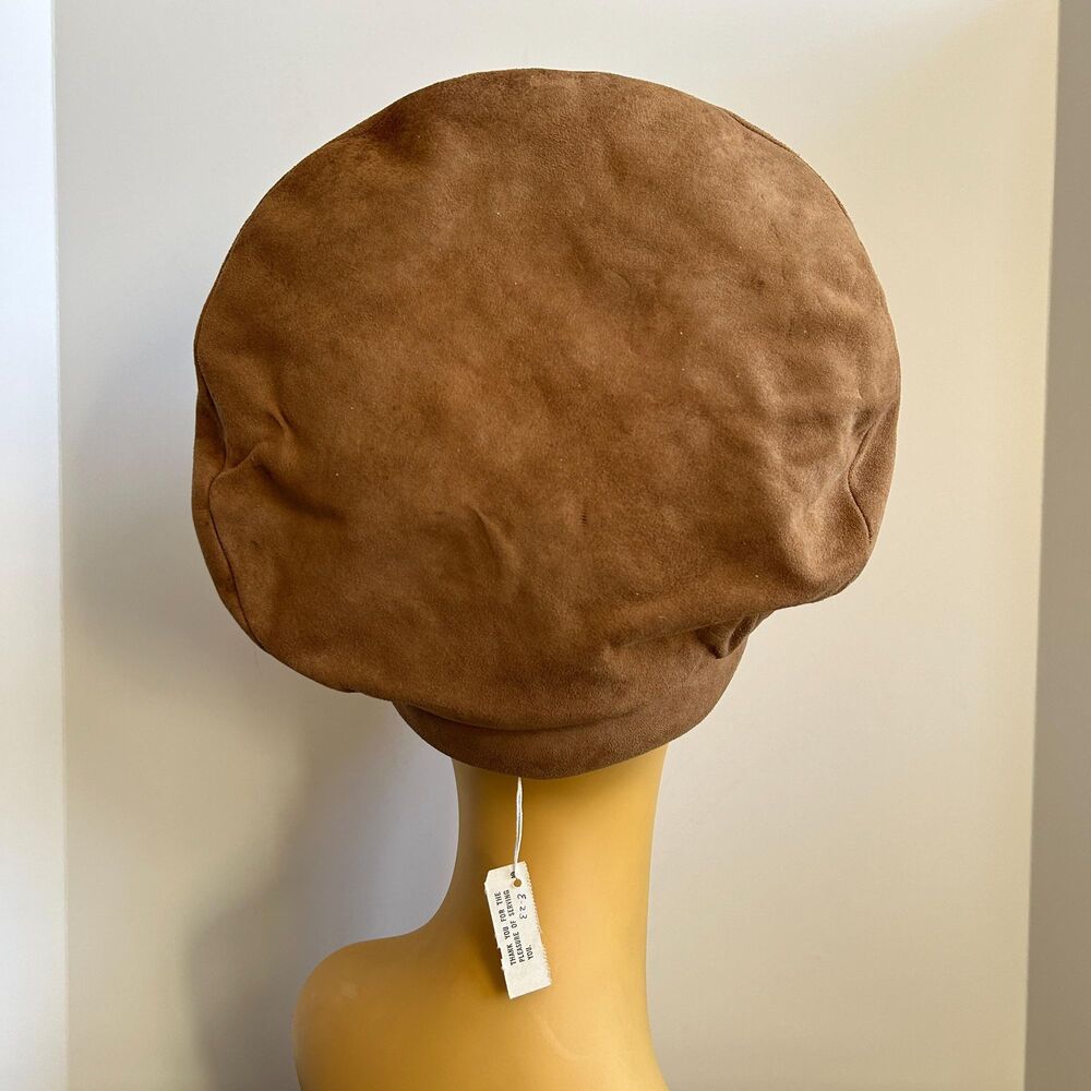 Vintage 60s Tan Suede Structured Tall Turban Style Hat By Elysees DEADSTOCK - Picture 5 of 8